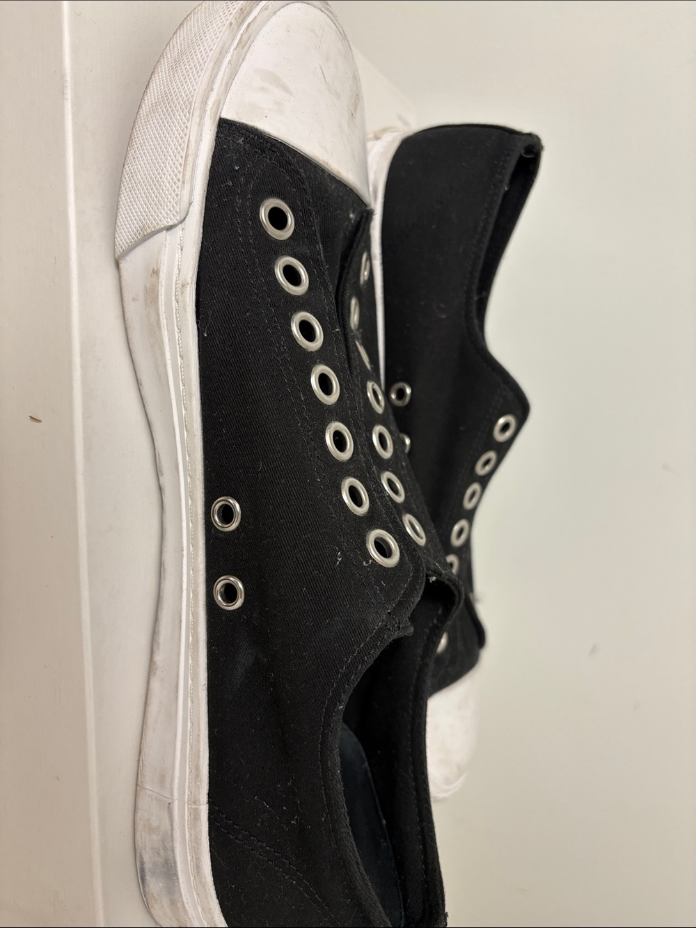Prada Black Canvas Slip-On Sneakers with White Toe Cap - Picture 2 of 3